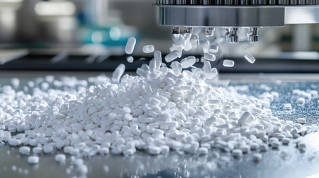 Cleanroom setting with pharmaceutical tablets being automatically sorted and packedの素材