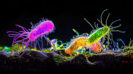 Bacteria moving and flowing in liquid under a high-powered microscope, vibrant light effectsの素材