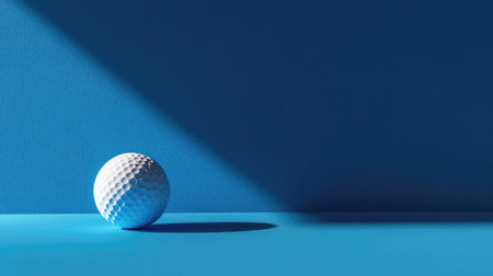 Clean minimalist layout with single golf ball and bold blue background, graphic shadow effectの素材