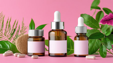 Brown skincare extract bottles with silver caps and blank labels, styled with plants and pink huesの素材