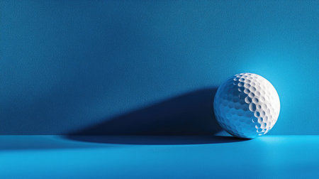 Clean minimalist layout with single golf ball and bold blue background, graphic shadow effectの素材