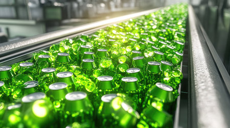 Conveyor belt moving green beer cans efficiently in an automated factory settingの素材