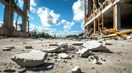 Broken concrete pieces scattered across a deserted construction zone with damaged frameworkの素材