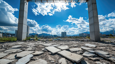Broken concrete pieces scattered across a deserted construction zone with damaged frameworkの素材