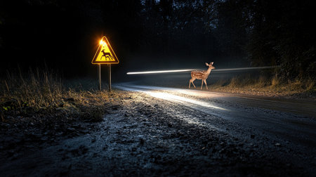 Blurred deer crossing sign and real deer caught in headlights on dark rural roadの素材