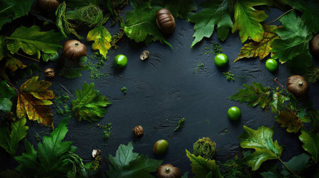 Dark tabletop with glossy chestnuts and textured green husks, low light creating an intense autumn feelの素材