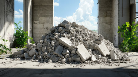 Dusty heap of crushed concrete surrounded by a skeletal remains of a construction siteの素材