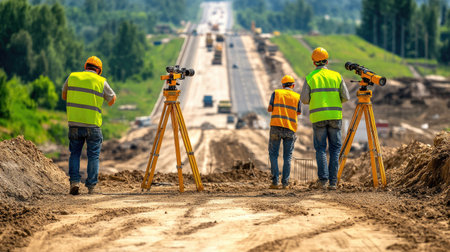Civil engineers in safety vests surveying new highway project with theodolite and chartsの素材