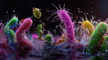 Bacteria moving and flowing in liquid under a high-powered microscope, vibrant light effectsの素材