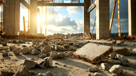 Broken concrete pieces scattered across a deserted construction zone with damaged frameworkの素材