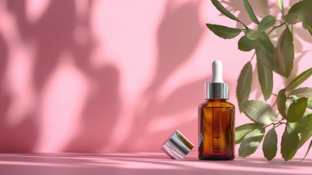 Botanical skincare mockup: brown dropper bottles, silver lids, leafy shadows, soft pink backgroundの素材