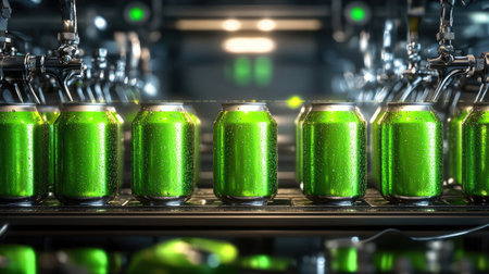 Brewery production line with flashing machinery and vibrant green beer cansの素材