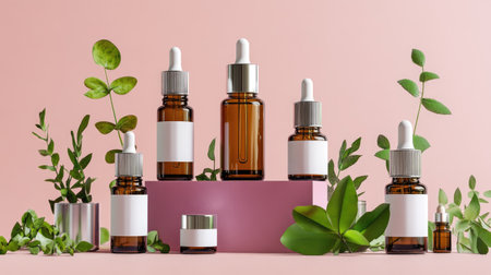 Brown skincare extract bottles with silver caps and blank labels, styled with plants and pink huesの素材