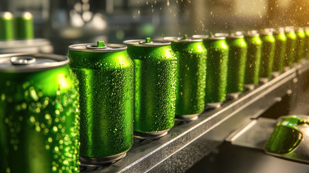 Close-up of green aluminum beer cans being sealed on an automated production beltの素材