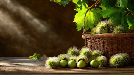 Close-up of freshly harvested chestnuts and green spiny shells, soft light, warm rustic brown table backdropの素材