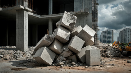 Crumbled concrete slabs piled high against a backdrop of unfinished constructionの素材