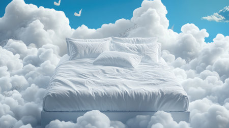 Cozy bed with white linens floating in soft dreamy clouds, concept of pure comfort and peaceful sleepの素材