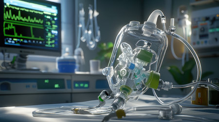 Close-up of oxygen delivery mask connected to ventilator, hospital emergency setting in backgroundの素材