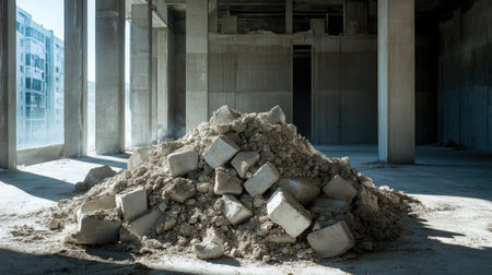 Dusty heap of crushed concrete surrounded by a skeletal remains of a construction siteの素材
