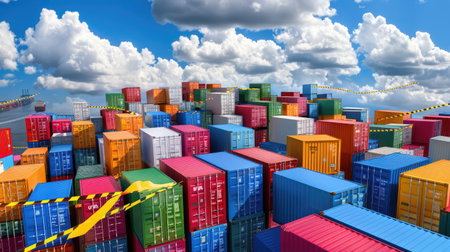 Concept image of trade tariffs with cargo containers, warning tape, and cloudy U.S. harbor backdropの素材