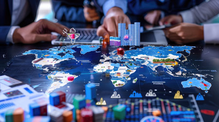 Global trade forecast concept with businesspeople in negotiation, economic charts and trade policy visualsの素材