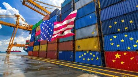 Tariff policy impacting European imports, showing container ships, U.S. flag, and growing trade restrictionsの素材