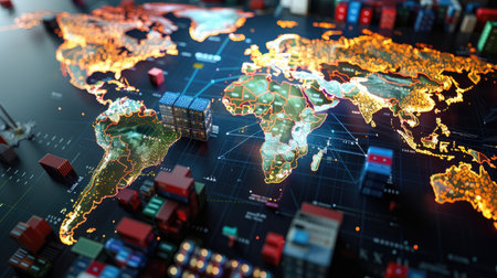 Global trade map with rising tariff rates and economic impact analysis shown in digital workspaceの素材