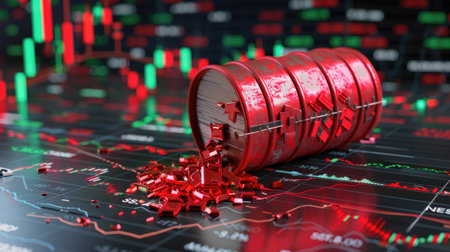 Red crisis arrow over oil barrel 3D graphic with stock price chart showing market volatility and energy tradeの素材