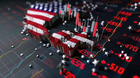 Crashing US stock market graph with American flag torn, symbolizing inflation and economic crisisの素材