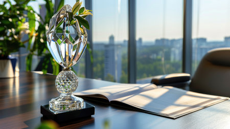 Crystal award trophy resting on office desk with blurred modern background, symbolizing achievement and recognitionの素材