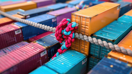 Trade policy conflict visualized with freight containers and tug-of-war metaphor over import/export strategiesの素材