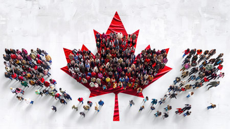 Canadian flag shape formed from diverse crowd of people on white background, symbolizing national unityの素材