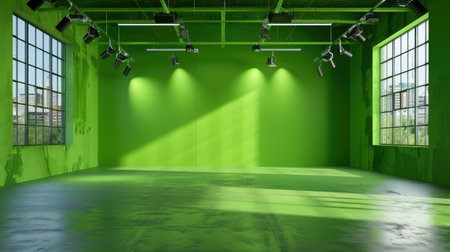 Vivid green studio with blank stage for showcasing product or advertising banner contentの素材