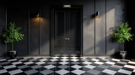 Closed black matte doors in luxury hallway setting, minimal design for stylish interiorsの素材