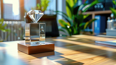 Transparent glass award placed on wooden desk in sleek office interior, blurred background highlights successの素材