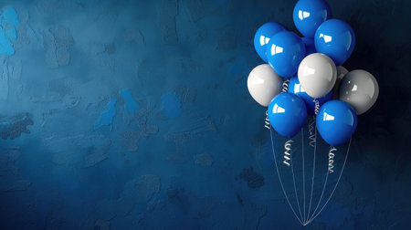 Blue balloons floating on dark blue background, elegant birthday celebration or holiday party templateの素材