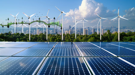 Double exposure of photovoltaic station with futuristic financial graph, symbolizing clean energy and market riseの素材