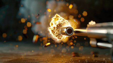 Gun being fired with intense flame escaping barrel, dramatic shot of trigger in motionの素材