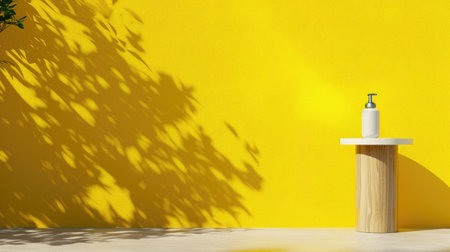 Minimal top table and yellow vivid wall with bright display stand, summer-themed clean style for product showcaseの素材