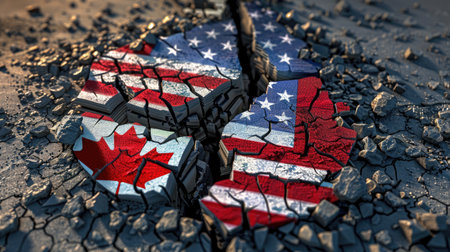 Broken ground with flag textures of USA and Canada, highlighting political and economic tensionの素材