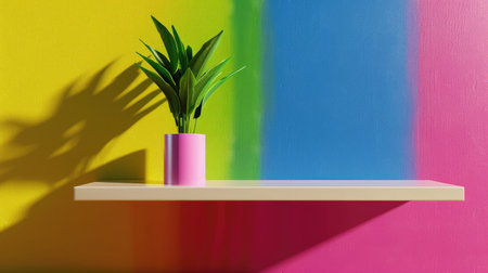 3D render of minimalist shelf front view with rainbow multicolored backdrop, stylish product display mockupの素材
