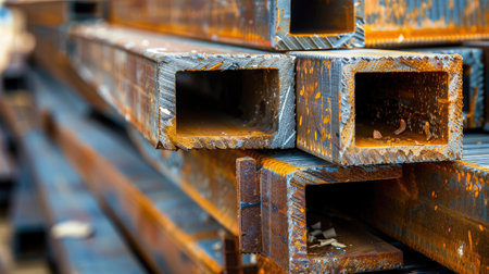 Stack of steel beams on construction site, industrial materials ready for structural useの素材