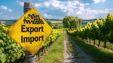 Road sign labeled "Export" and "Import" in German on countryside road, indicating international commerceの素材