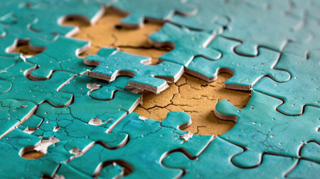 Nearly completed teal jigsaw puzzle with final piece missing, symbol of challenge and near successの素材