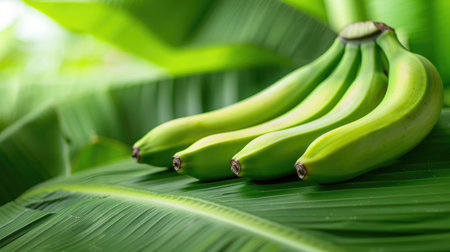 Close-up of green raw bananas resting on fresh banana leaves, symbolizing organic farm produceの素材