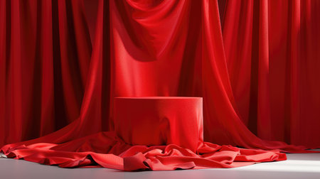 Red podium with soft fabric folds and empty stand for advertising or beauty product showcase, luxurious displayの素材