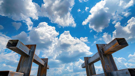 Steel girders standing upright on job site with cloudy sky, symbol of growth and infrastructureの素材