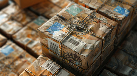 Close-up of tax label on imported packages, symbolizing government-imposed tariffs on global goodsの素材