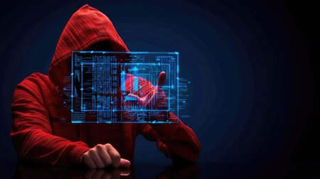 Vector design showing hacker in hoodie behind digital screen, concept of cybercrime, fraud and hacking activityの素材