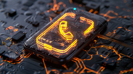 Glowing neon phone icon in orange and yellow on dark tech surface, symbol of digital communicationの素材